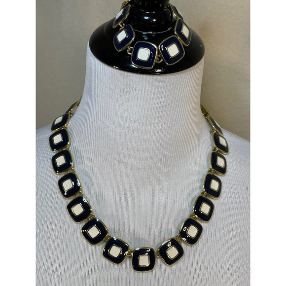Vintage Resin Midnight Blue / Cream Gold Tone Double Square Design Necklace & Br - Picture 1 of 10